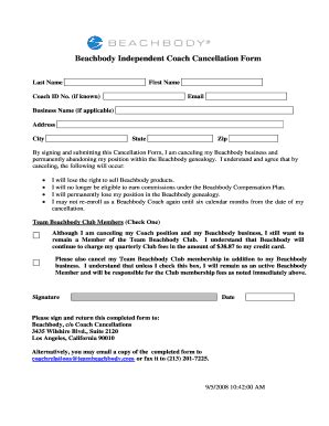 Beachbody Independent Coach Cancellation Form.